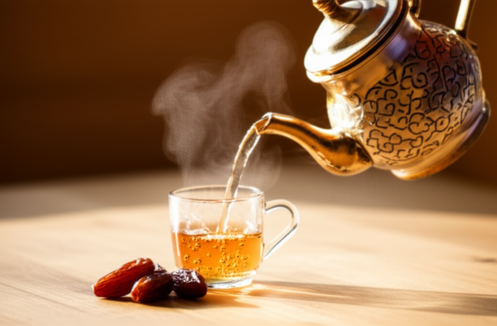 A close-up shot of a hand gently pouring steaming tea from a delicate, intricately designed teapot into a small, handle-less glass cup (typical of Middle Eastern tea culture), with a few dates arranged artfully beside the cup, all bathed in soft, warm light.
