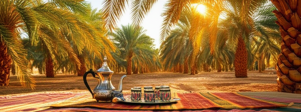 A panoramic view showcasing a lush date palm oasis shimmering under the late afternoon sun. In the foreground, a meticulously arranged traditional Middle Eastern tea setting, with intricately patterned cups and a silver teapot, placed on a low woven rug amidst the shade of the palm trees. The overall composition should evoke a sense of tranquility and abundance.