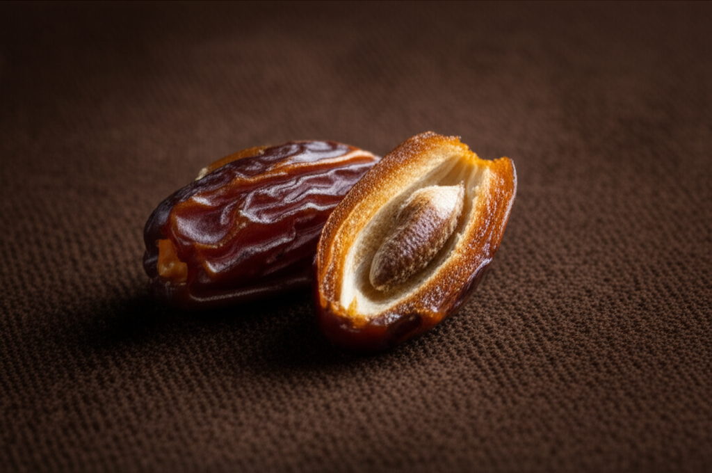 A single, perfectly ripe Medjool date, halved to reveal its glistening, caramel-colored flesh and small pit, resting on a luxurious, subtly textured, dark brown velvet surface. Soft, diffused light highlights the date's natural wrinkles and rich color.