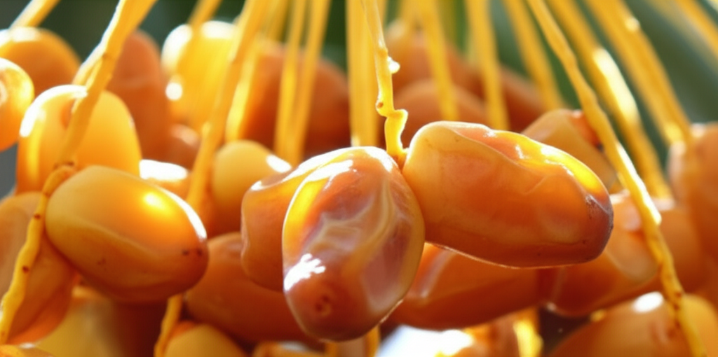 A close-up shot focusing on a cluster of semi-translucent, amber-colored Deglet Noor dates still attached to a date palm branch. Sunlight shines through the dates, giving them a glowing, almost luminous appearance. Some of the dates are slightly blurred in the background to draw focus to the detail of the dates in the foreground.