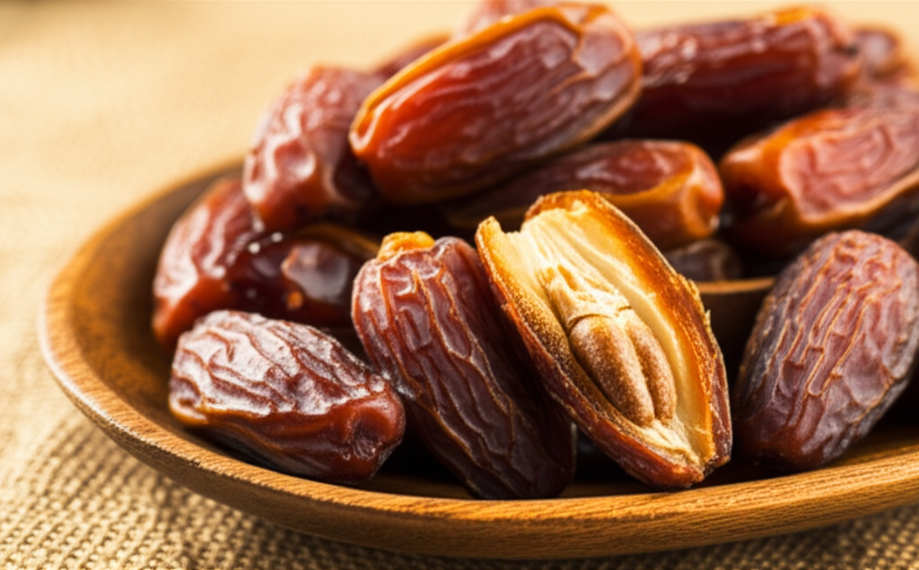 A close-up shot showcasing a variety of date types (Medjool, Deglet Noor, etc.) arranged artfully in a shallow wooden bowl or on a textured, natural fiber mat. Some dates should be cut open or partially broken to reveal their inner texture and color, highlighting their plumpness and natural sugars. Light should be soft and warm, emphasizing the rich colors and textures.