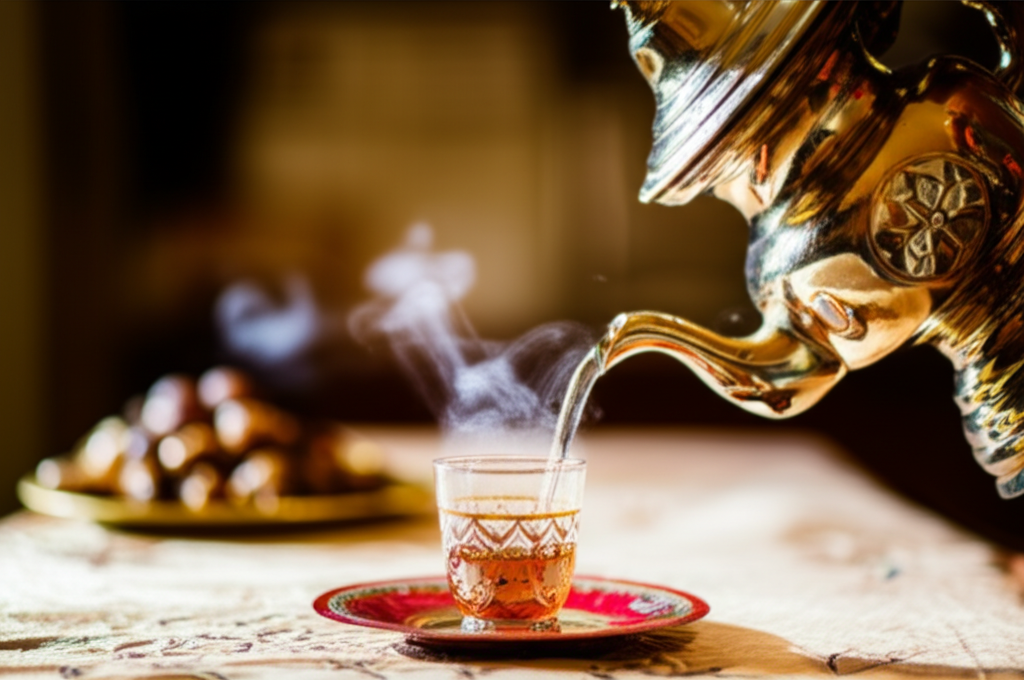 A close-up shot focusing on a hand delicately pouring tea from a traditional Middle Eastern teapot (like a dallah or samovar) into a small, intricately designed glass teacup. The background is soft and blurred, perhaps showing a suggestion of a richly decorated table with dates in a bowl or on a plate. The lighting is warm and inviting, highlighting the steam rising from the tea and the detail of the pouring gesture.