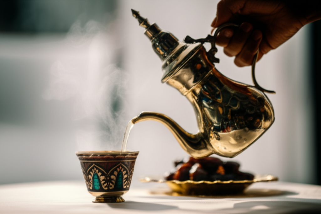 Close-up shot focusing on hands carefully pouring tea from a traditional Middle Eastern teapot (like a Dallah) into a small, intricately decorated teacup. Soft, diffused light highlights the steam rising from the tea and the details of the teapot and cup. In the blurred background, a glimpse of dates arranged on a decorative platter can be seen.