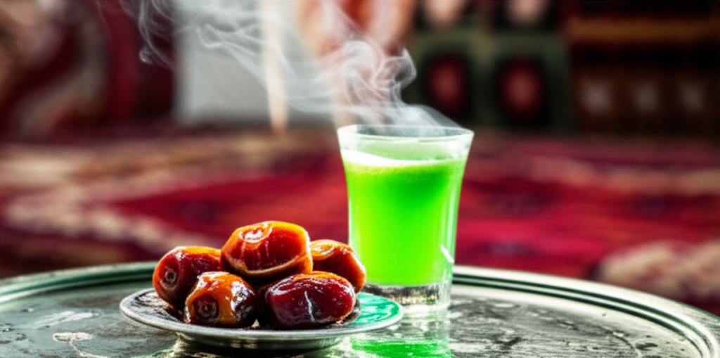 A close-up shot of a beautifully set low table scene. On the table is a glass of vibrant green mint tea, steam gently rising. Next to it, a small, ornate dish holds a variety of plump, glistening dates. The background is softly blurred, suggesting a traditional Middle Eastern setting with hints of patterned textiles or architecture.