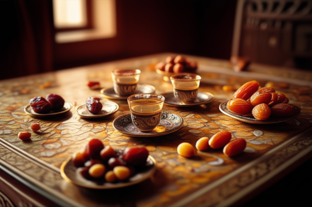 A low-angle shot focusing on a meticulously arranged table setting for a tea ceremony. The table is richly textured wood or inlaid with mother-of-pearl. Centered are intricately designed, small tea cups filled with amber-colored tea. Scattered around the cups are various types of dates, showcasing a range of colors and textures (medjool, deglet noor, etc.), some elegantly arranged on small dishes, others simply lying naturally on the table. Soft, warm light filters in from a nearby window, casting gentle shadows and highlighting the rich details of the scene. The background is softly blurred but suggests a traditional Middle Eastern interior.