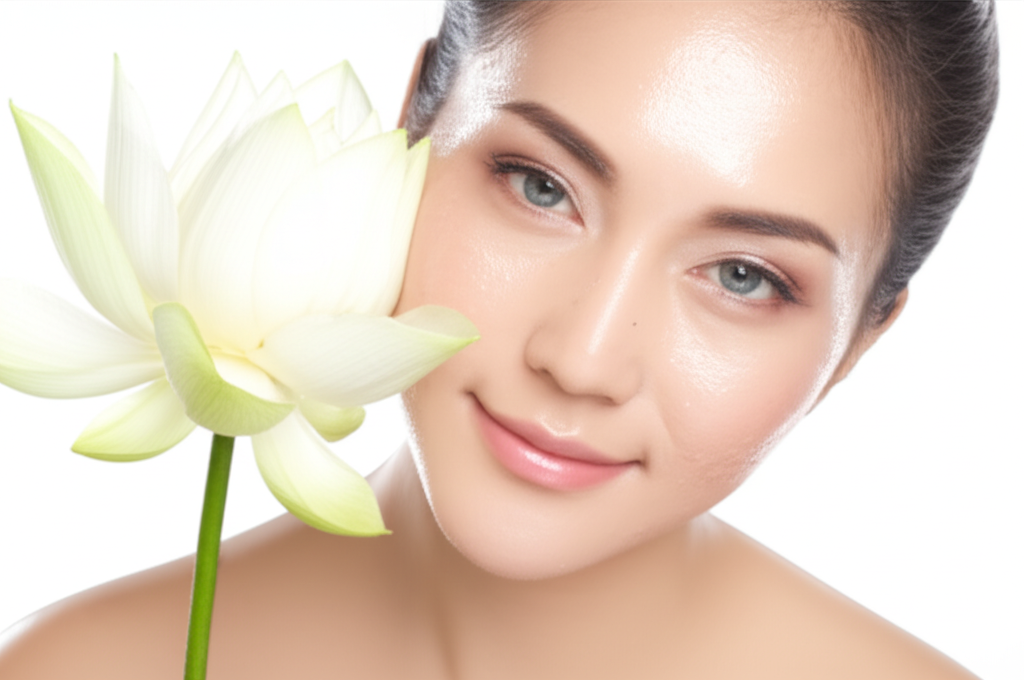 Close-up shot of a woman's face, softly lit. Her skin appears healthy and dewy, with a gentle sheen. She is holding a single, perfect white lotus flower near her cheek, blurring slightly into the background, emphasizing the natural connection to purity and luminosity.