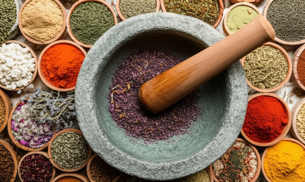An overhead shot showcasing a variety of small, natural ingredients (herbs, flowers, spices, clays) arranged artistically around a shallow, hand-carved stone bowl. A wooden pestle rests gently inside the bowl, suggesting the preparation of a beauty treatment. Soft, natural lighting highlights the textures and colors of the ingredients.