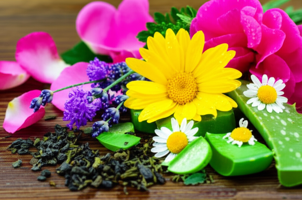 A sunlit close-up showcasing a variety of vibrant, freshly cut botanical ingredients (e.g., rose petals, lavender sprigs, chamomile flowers, green tea leaves, aloe vera leaf sections) artfully arranged on a rustic wooden surface, with dew drops subtly glistening on some elements to emphasize freshness.