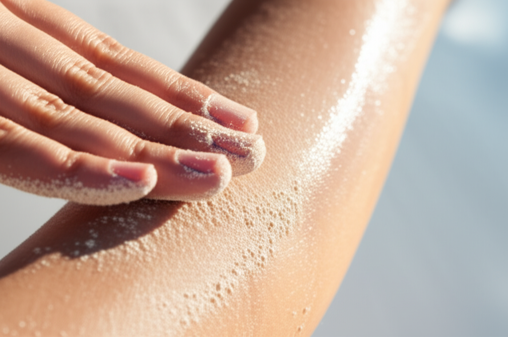 A close-up shot of a woman's hand gently massaging a fine, light-colored powder (like ground oats or rice flour) onto the dewy skin of her forearm. Sunlight softly highlights the texture of the skin and the powder. The focus is on the gentle movement and the natural textures.