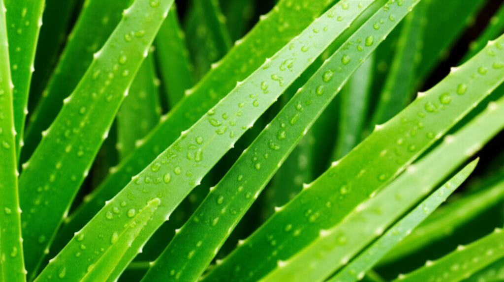 A close-up shot of dewy, vibrant green leaves (like aloe vera or cucumber) with droplets of water glistening on their surface, catching the light.