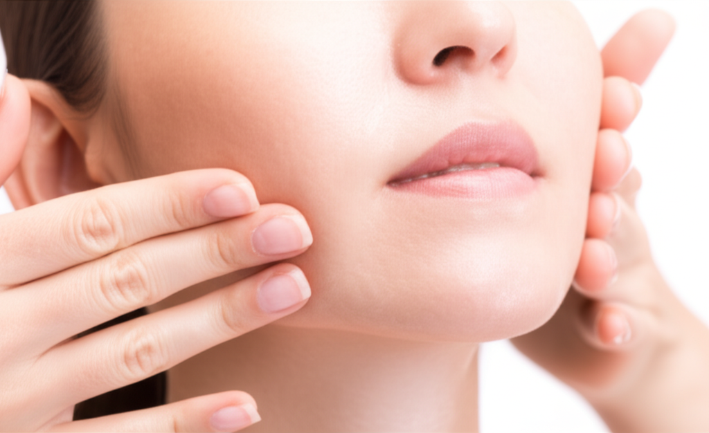Close-up of hands gently massaging a woman's face with a glowing, dewy complexion. The hands should be clearly applying pressure to a specific point, such as along the jawline or under the cheekbone, demonstrating one of the massage techniques. Focus should be on the gentle, deliberate touch and the resulting relaxed expression on the woman's face. Soft, natural lighting is key.