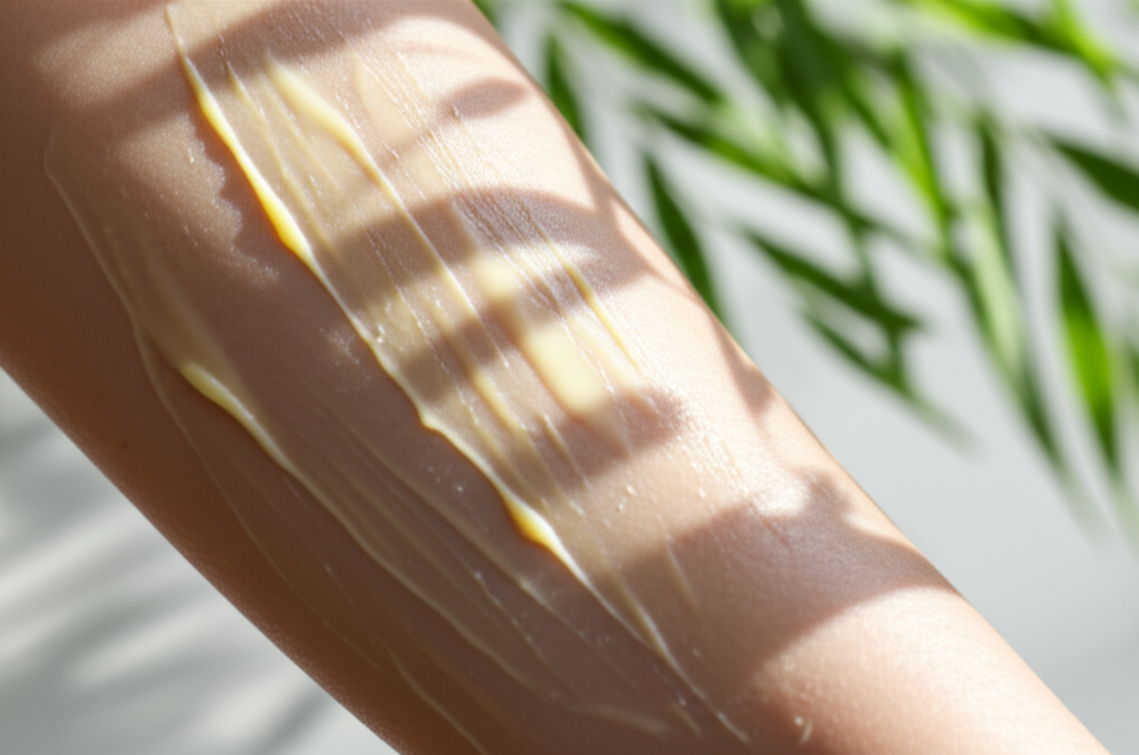 A close-up shot showcasing a person's forearm being gently massaged with a thick, pale yellow or beige cream. The skin is glowing slightly, and sunlight is filtering through leaves above, casting dappled shadows across the arm, but the cream visibly protects the exposed skin. The focus is on the application and protective effect of the cream under natural sunlight.