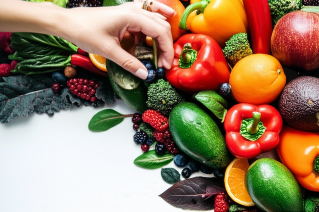 A close-up shot of a woman's hand delicately arranging a vibrant assortment of colorful fruits and vegetables – berries, leafy greens, avocados, oranges, peppers – in a visually appealing and artful way, perhaps even suggesting a flowing, organic shape like a natural wave.