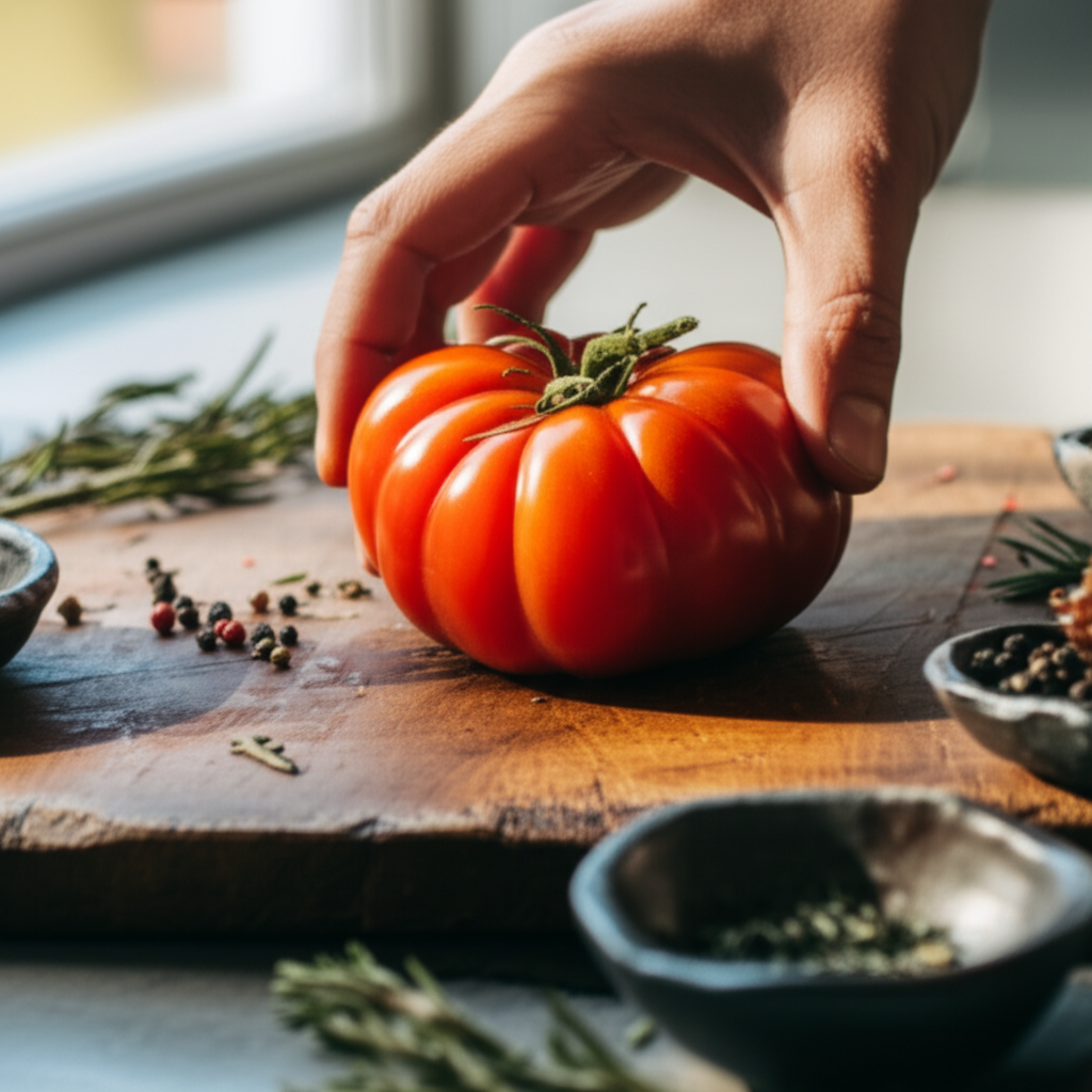 A close-up shot of a hand carefully arranging a single, perfectly ripe heirloom tomato on a rustic wooden cutting board, softly illuminated by natural light streaming through a nearby window. The tomato's vibrant colors and textures are highlighted, and surrounding it are delicate herbs and spices in small, handcrafted bowls.