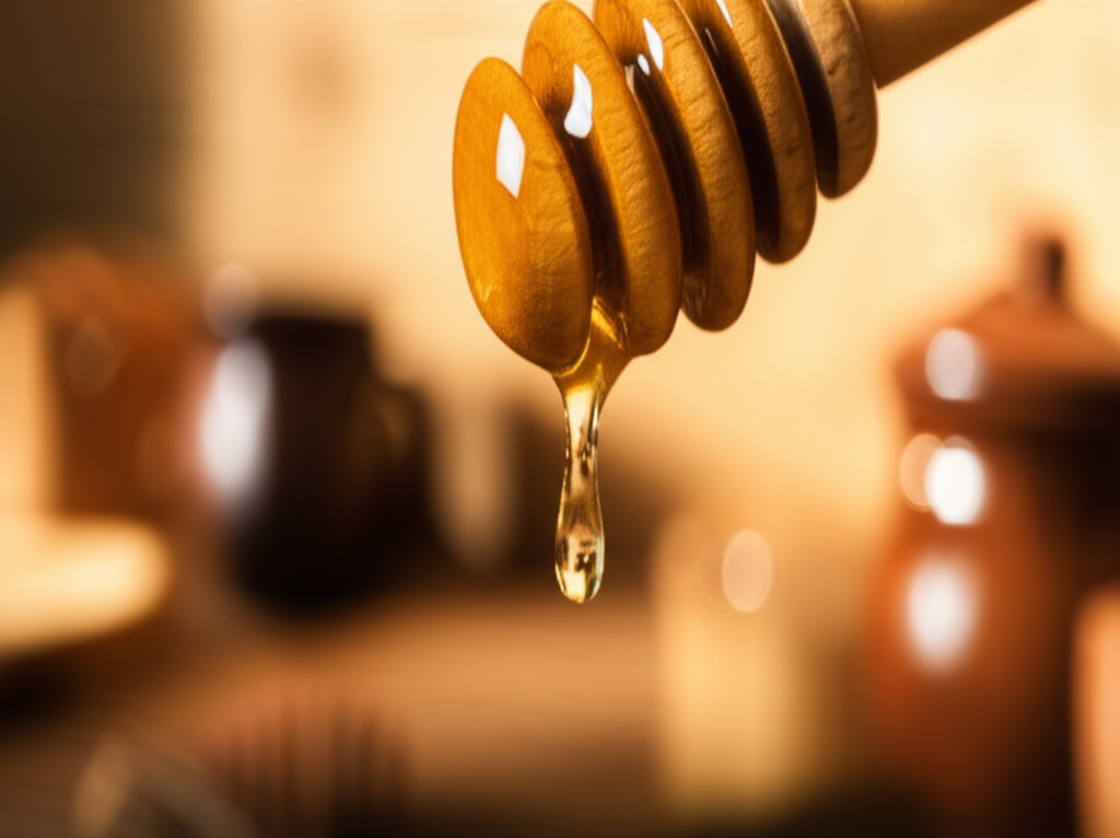 A close-up shot focusing on a single, perfectly formed drop of golden honey, slowly detaching itself from a wooden honey dipper, with a blurred background showing a warm, sunlit, rustic kitchen scene featuring natural materials like wood and earthenware.
