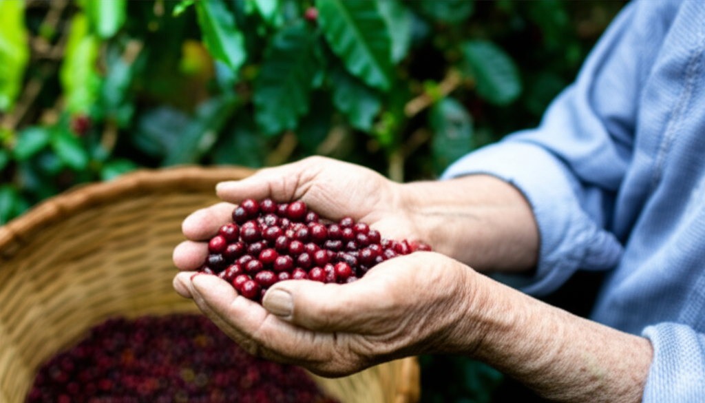 A close-up shot showing a farmer's weathered hands gently cupping freshly harvested coffee beans, with a woven basket visible in the background and a glimpse of lush green coffee plants slightly out of focus. The farmer's expression is one of pride and contentment.
