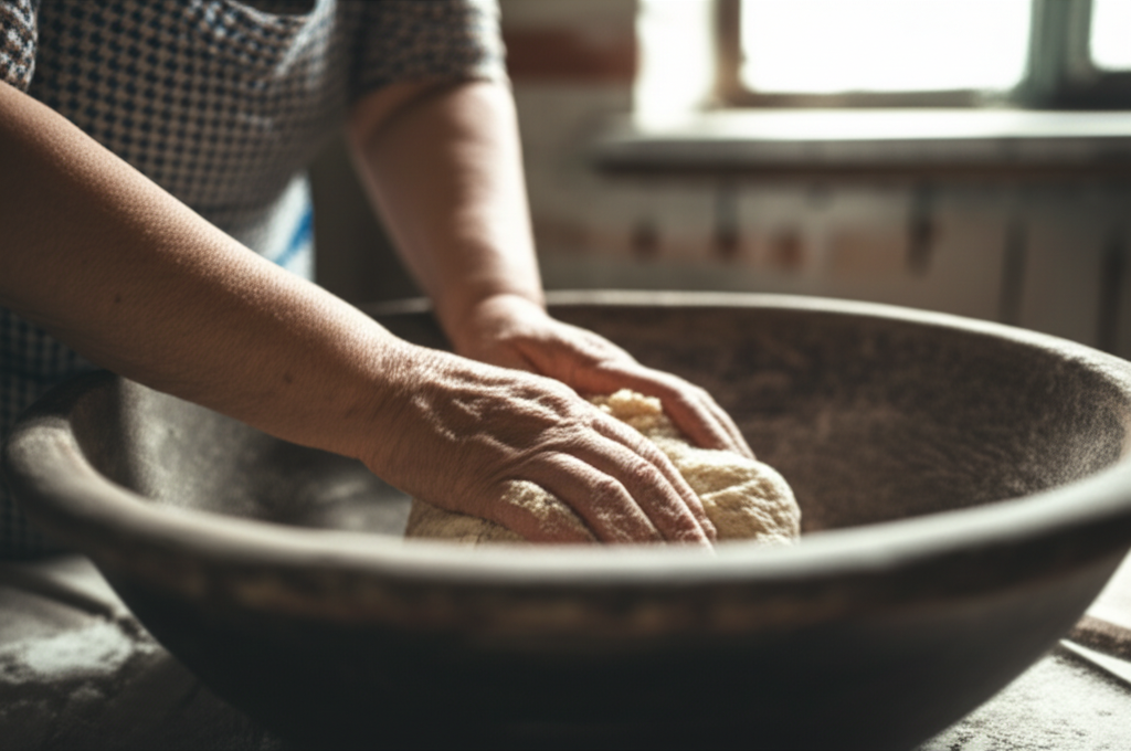 An elderly woman's hands gently kneading dough in a large, well-worn wooden bowl. Light streams in from a nearby window, illuminating the flour dusting her hands and the bowl, emphasizing the texture of both. A simple, rustic kitchen background is slightly out of focus.