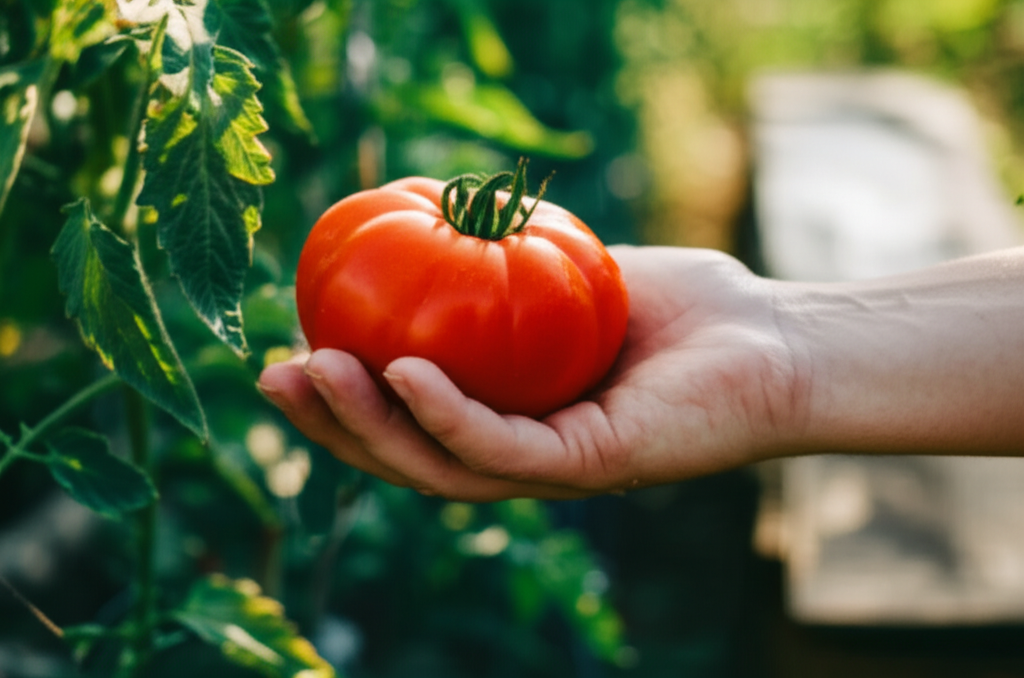 The image should depict a hand gently holding a freshly picked, vibrant red tomato, sunlight dappling through the leaves of the tomato plant it was just harvested from, with a blurred background transitioning from the farm (hinting at rows of plants) to a rustic wooden table set for a meal.