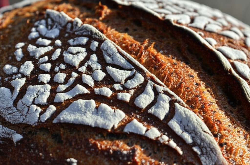 Close-up of cracked sea salt crystals sprinkled on a freshly baked, dark crust sourdough bread, showcasing the intricate geometric shapes and light reflecting off the individual crystals.