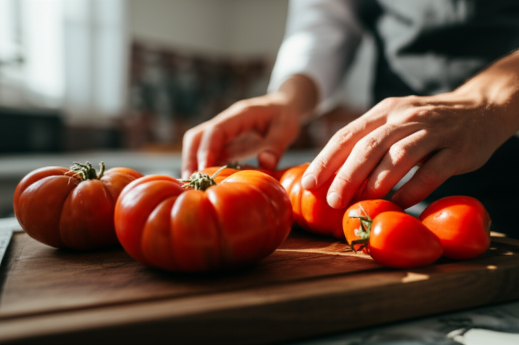 A close-up shot of a chef's hands gently arranging vibrant, ripe heirloom tomatoes on a wooden cutting board. The tomatoes are illuminated by soft, diffused sunlight streaming in from a nearby window, highlighting their natural textures and rich colors. The background is slightly blurred, suggesting a cozy, inviting kitchen setting.