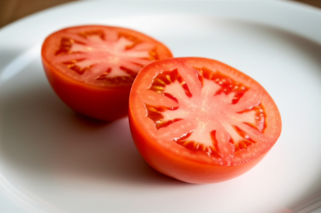 A single, perfectly ripe heirloom tomato, sliced in half to reveal its intricate inner structure and vibrant colors. The tomato rests on a clean, white ceramic plate, with soft, natural light casting subtle shadows that highlight its texture. The background is blurred, focusing all attention on the tomato.