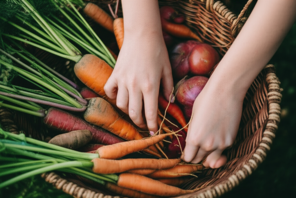 A close-up shot of hands gently arranging vibrant, freshly harvested vegetables (various colors and textures) into a woven basket, with soft, natural light highlighting the textures and the earth still clinging to some of the roots.