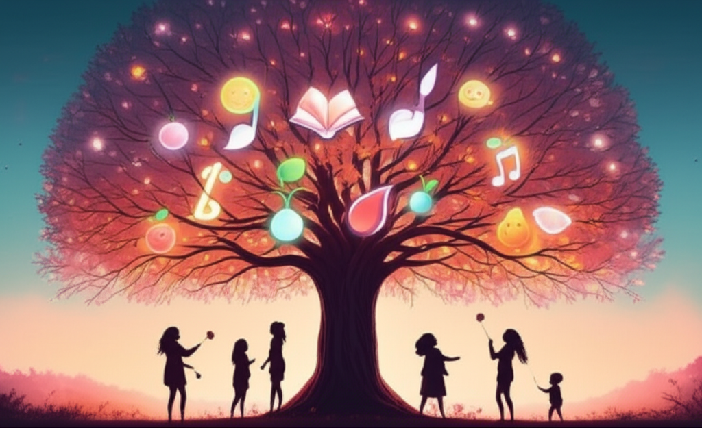 A stylized, vibrant tree with glowing fruit that resembles different aspects of positive, real-life interactions: a book, a musical note, a paintbrush, a smiling face, a plant sprout. Below the tree are silhouetted figures of diverse families playing, laughing, and interacting with each other, bathed in the warm glow emanating from the tree.