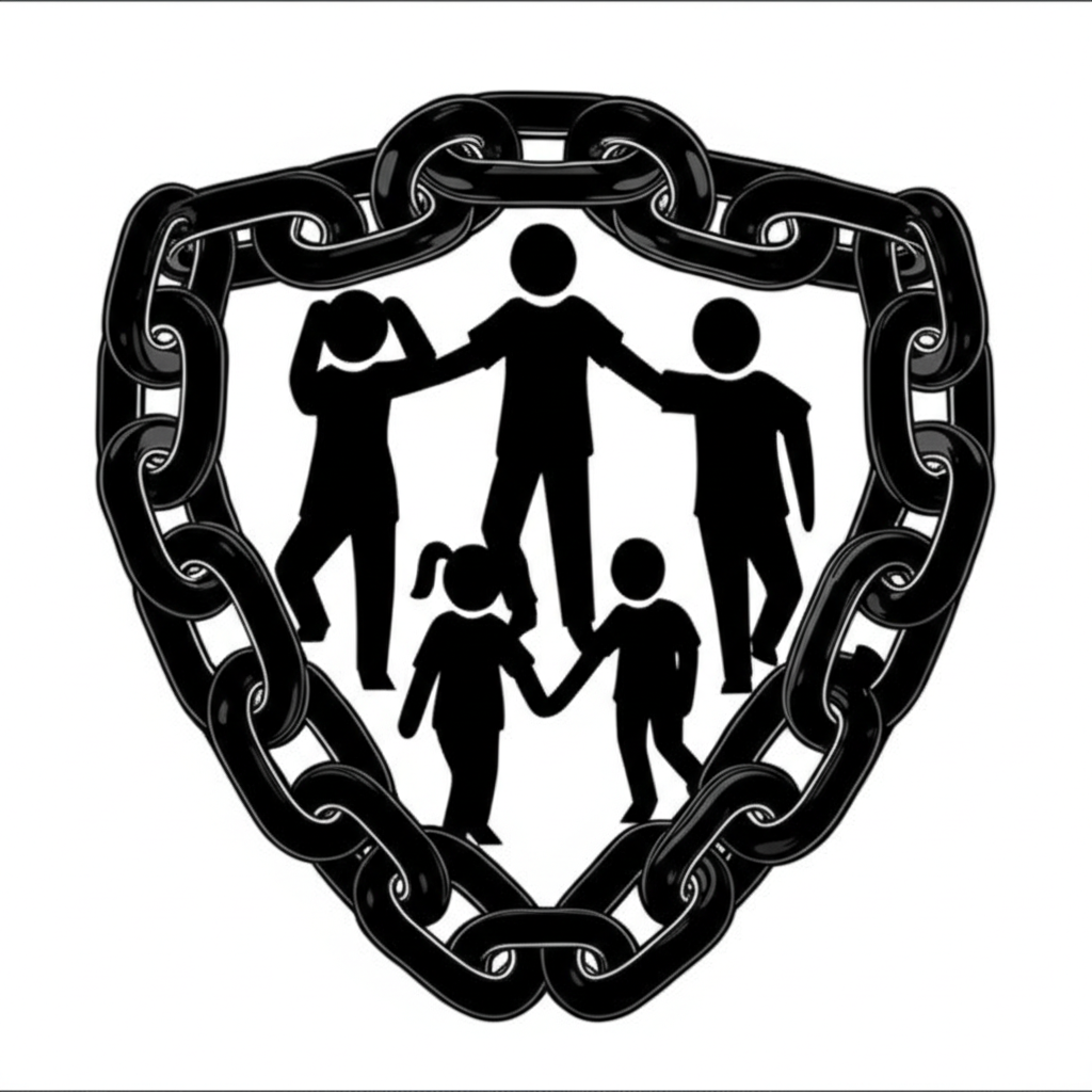 A stylized, interlocking chain made of family silhouettes (parents, kids, grandparents) visually connecting to form a protective shield.