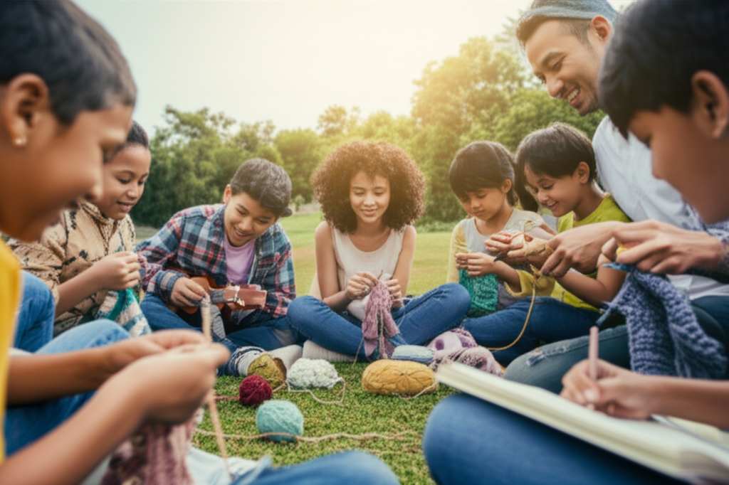 A diverse group of children and adults are sitting comfortably together in a circle, some are knitting, others are drawing, and one person is showing another how to play a ukulele. Everyone is smiling and engaged, with the lighting warm and inviting.