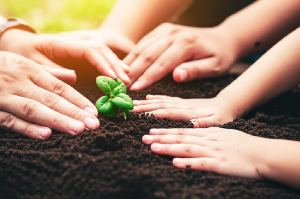 A close-up, warmly lit image of two pairs of hands, one adult and one child, gently planting a small seedling into rich, dark soil together.