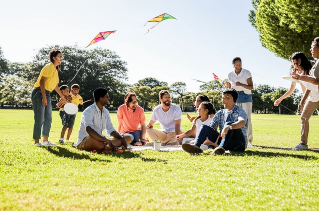 A diverse group of families is laughing and playing together in a park. Some are flying kites, others are playing frisbee, and a couple of families are sharing a picnic blanket. The focus is on genuine connection and joyful interaction in a natural outdoor setting.