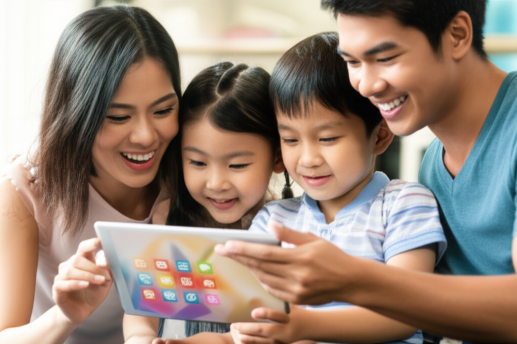 A brightly lit, stylized image of a family (parents and children) smiling and looking at a tablet together. The tablet's screen is slightly blurred but suggests a warm, inviting interface with colorful icons. The parents' hands are gently guiding the children's hands on the tablet, implying shared control and guidance.