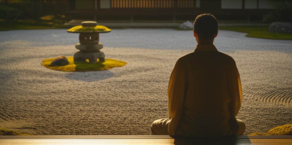 A subtly backlit silhouette of a seated person in traditional clothing (kimono), viewed from behind, gazing out at a meticulously raked gravel garden with a single, moss-covered stone lantern and a distant glimpse of a classic Japanese tea house roof. The light is soft and warm, suggesting either sunrise or sunset.