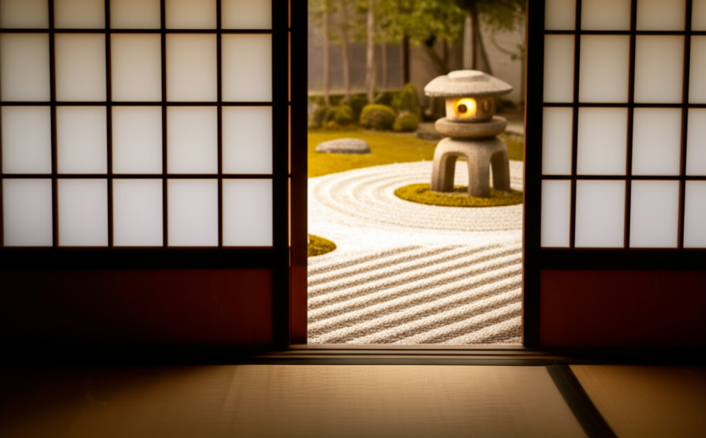 A single, softly lit, partially open shoji screen, revealing a glimpse of a meticulously raked zen garden with a lone, perfectly placed stone lantern bathed in the warm light. The focus is soft, creating a sense of peaceful stillness.