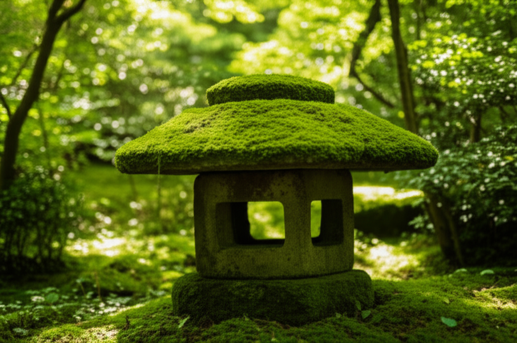 A close-up shot of a weathered stone lantern partially obscured by lush green moss in a secluded Japanese garden, with soft, dappled sunlight filtering through the leaves above.