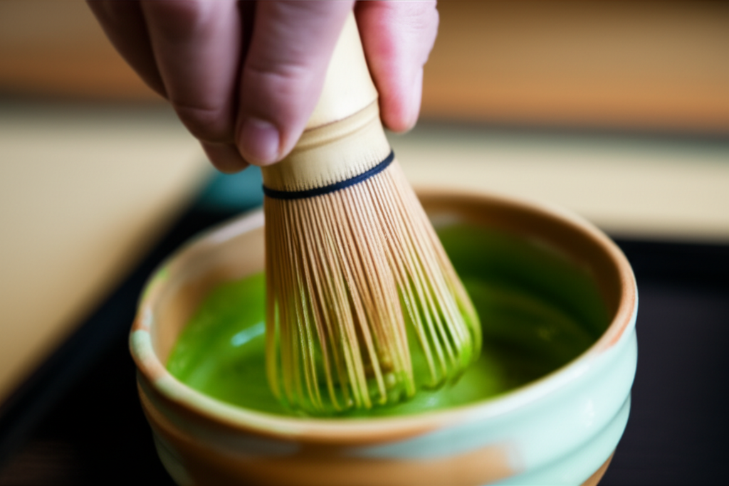 A close-up shot, slightly blurred, focusing on the graceful, deliberate hand movements of a tea master meticulously whisking matcha in a traditional chawan (tea bowl) during a tea ceremony. Light should be soft and natural, highlighting the vibrant green of the matcha and the earthy texture of the bowl. The background should be softly out of focus, hinting at the tatami mats and the subdued colours of the tea room.