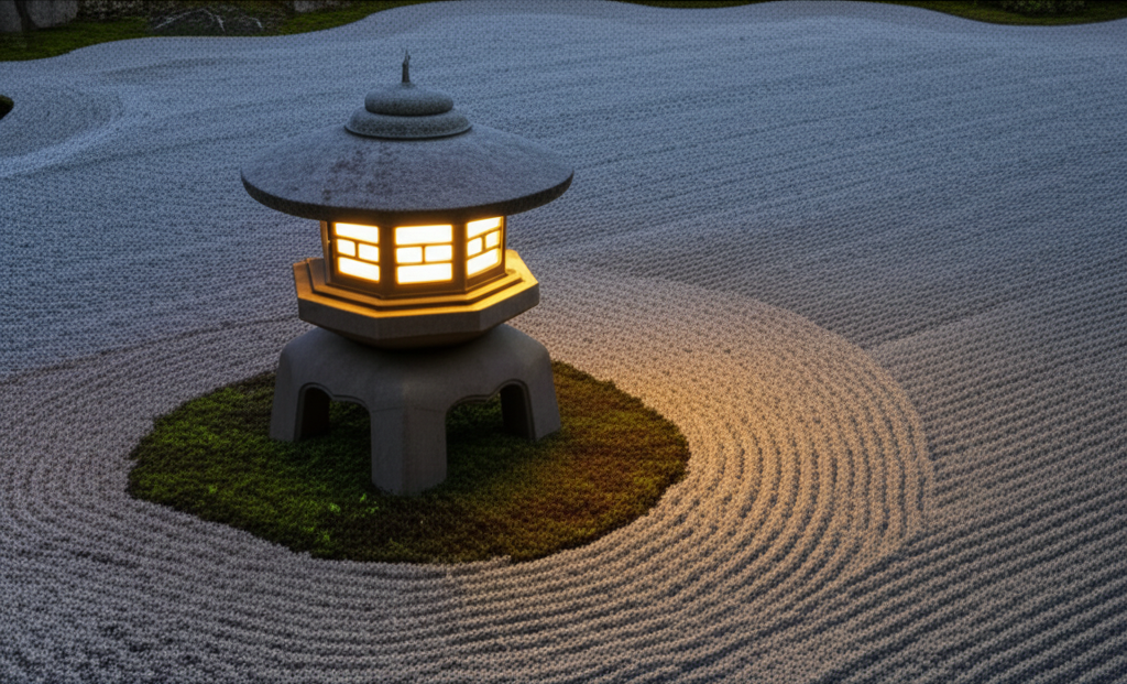 A lone stone lantern, softly illuminated, casting a gentle glow on meticulously raked gravel in a Zen garden at dusk.