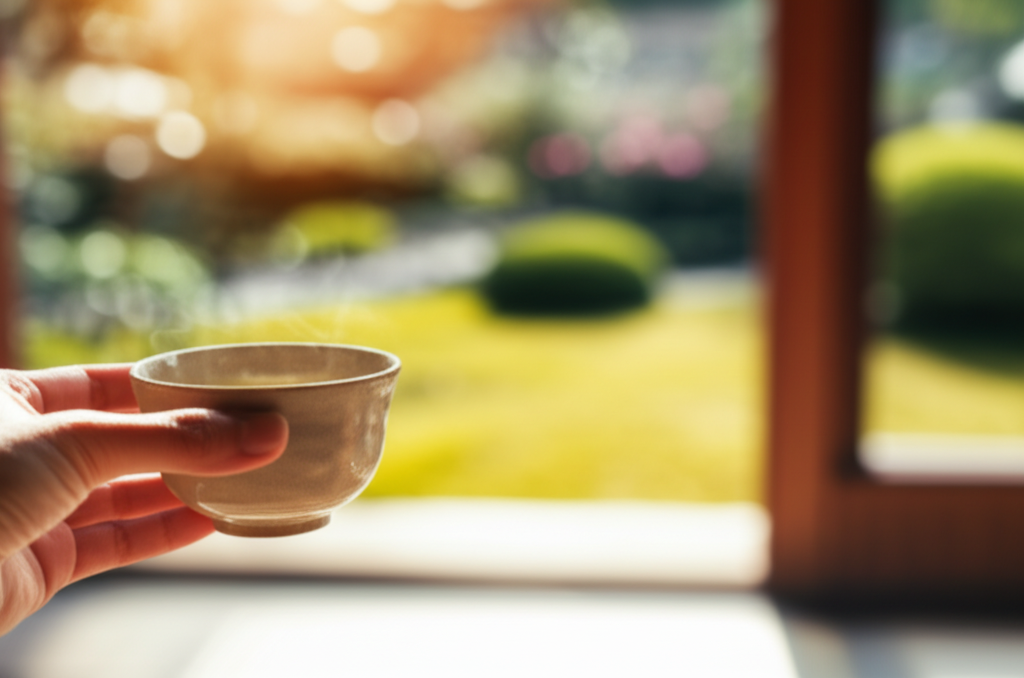 Close-up, slightly blurred foreground of a hand gently raising a steaming teacup, with a serene, sunlit Japanese garden visible in the soft-focus background.