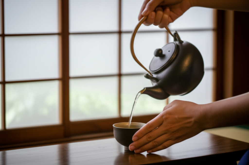 A close-up shot of hands gently pouring tea in a traditional Japanese tea house. The hands are respectfully holding the teapot and cup. The background is soft and out of focus, hinting at the serene garden visible through the shoji screen.