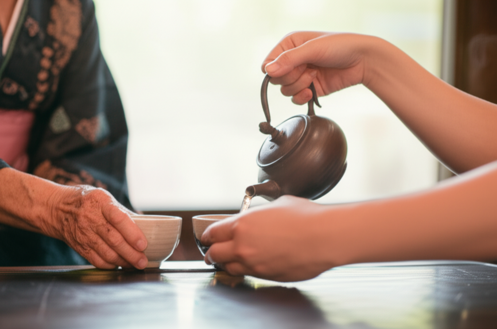 Two pairs of hands, one pair visibly belonging to a local elderly woman in traditional Japanese clothing, and the other pair belonging to a younger traveler, gently pouring tea together into small, simple ceramic cups.