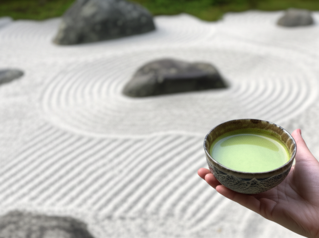 A close-up shot focusing on a hand delicately holding a small, intricately patterned ceramic bowl filled with matcha tea, set against the blurred backdrop of a meticulously raked Zen garden with carefully placed stones.
