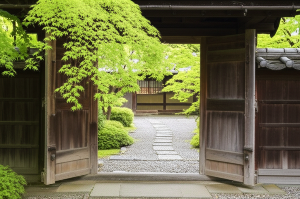 An open, weathered wooden gate, partially obscured by the soft green leaves of a maple tree branch. Beyond the gate, a glimpse of a winding stone path leading towards a traditional Japanese garden, just enough to entice curiosity and suggest a journey.