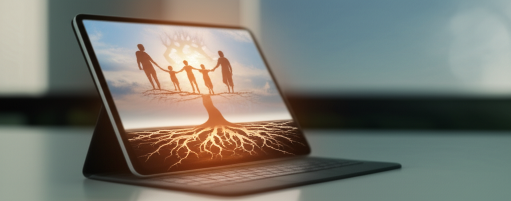 A softly glowing digital tablet displaying a stylized tree with deep, interwoven roots that visually connect to a silhouette of a family holding hands above the tree. The roots and the family are subtly overlaid with a faint, warm light suggesting protection and connection.