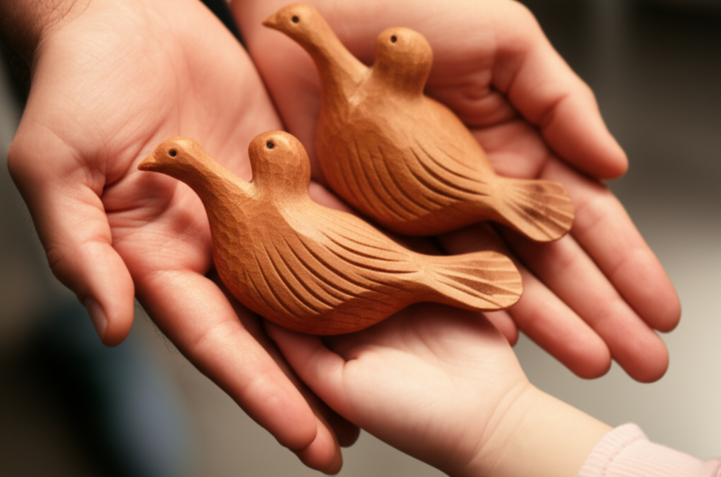 A warmly lit, close-up shot of a family's hands (father, mother, child) gathered together, each touching a smooth, intricately carved wooden dove figurine. The hands are naturally posed, suggesting a gentle and protective connection.