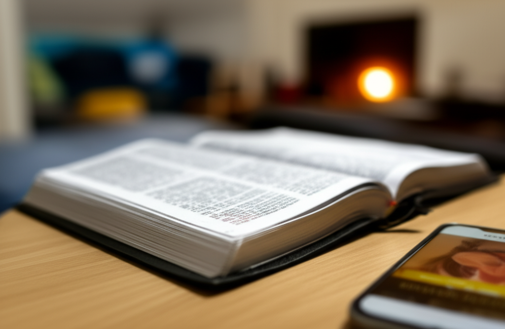 An open, slightly blurred prayer book or Bible resting on a wooden table beside a partially visible smartphone with a warmly lit, inviting background like a cozy living room.