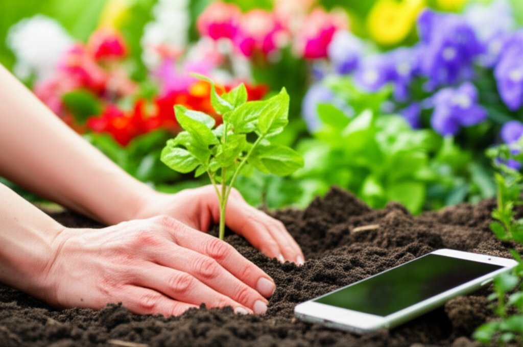 A close-up of hands planting a seedling in a garden, with a phone gently resting nearby in the soft soil. The background shows a lush, blossoming garden in soft focus, implying growth and nurturing.