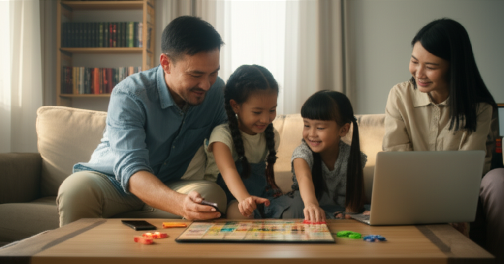 A family (parents and two young children) are sitting together on a comfortable couch in a warmly lit living room. The father is putting his phone face-down on the coffee table, while the mother is closing her laptop. The children are looking at each other, smiling, and reaching for a board game on the same table. The room has soft, natural light coming from a window, and a bookshelf filled with books is visible in the background.