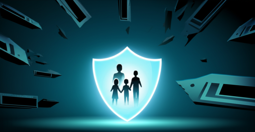 A family of four (stylized silhouettes or abstract shapes) is depicted inside a glowing, shield-shaped bubble. Outside the bubble, there are darker, sharper shapes representing data trackers and surveillance.