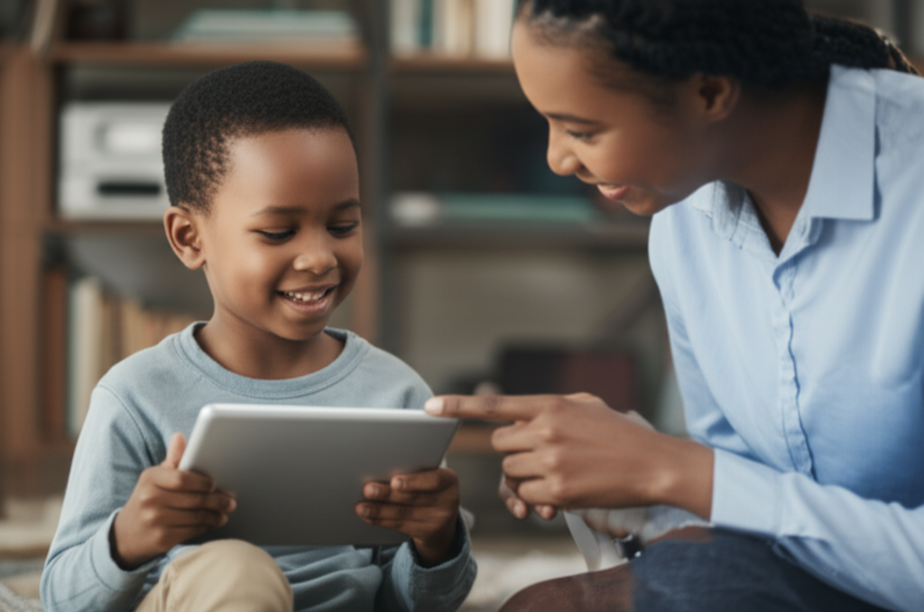 A child is shown holding a tablet, looking up and smiling at their parent who is kneeling beside them, pointing towards the tablet's screen with a warm, encouraging expression. The background shows a cozy living room with a bookshelf containing both physical books and digital device cases. The overall lighting is soft and inviting.