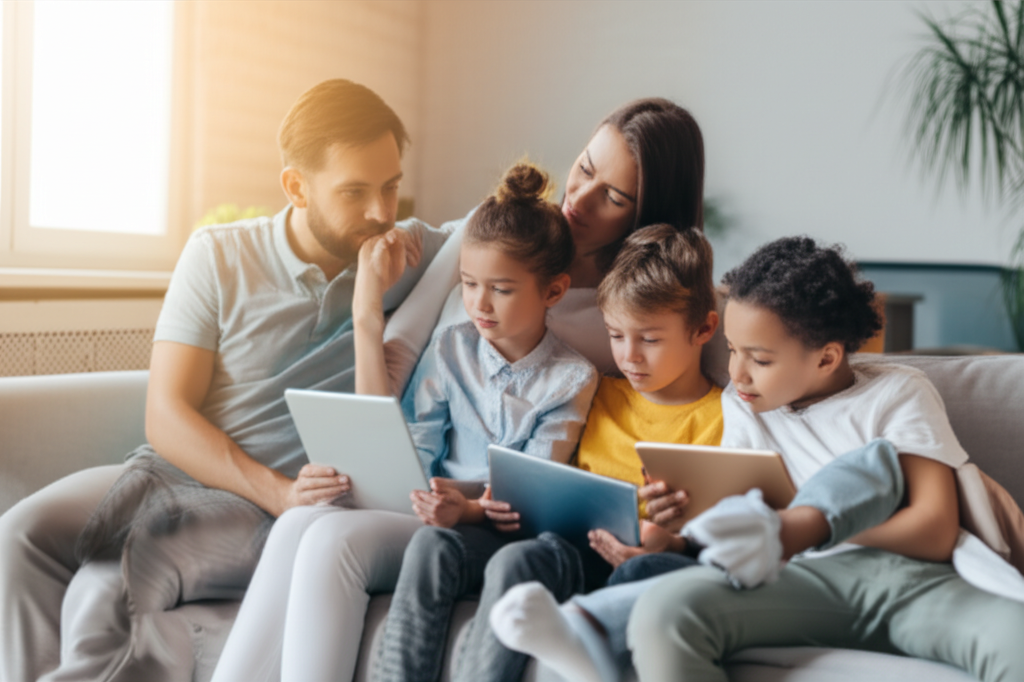 A family of four (parents and two children) sitting comfortably on a sofa. The parents are looking attentively at their children who are each holding a tablet. The children look engaged and thoughtful. Soft, warm light fills the room, suggesting a safe and welcoming environment. A plant is subtly visible in the background, symbolizing growth and cultivation.
